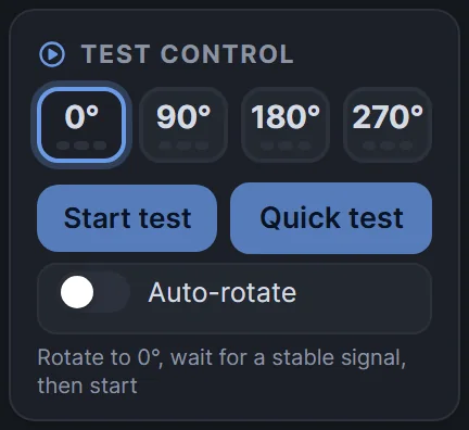 Test controls: angle, start, auto-rotate