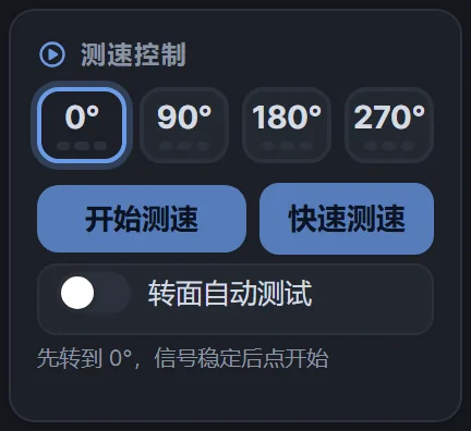 测速控制区：选角度、开始测速、自动转面