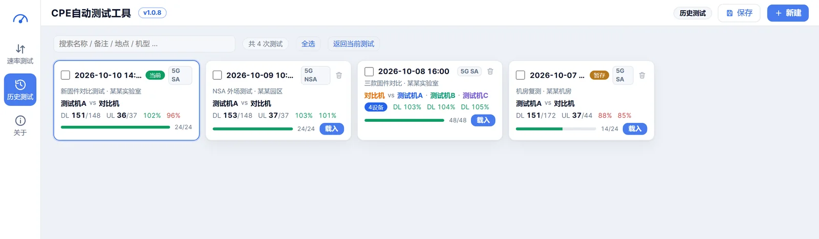 历史测试列表（示例数据）